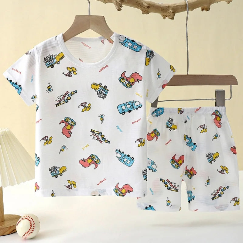Pajama Cartoon T-Shirt+Shorts 2-Piece Clothing Set Kids Summer Baby Boys Girls Casual Tracksuit Clothes Suit 0-6 Years