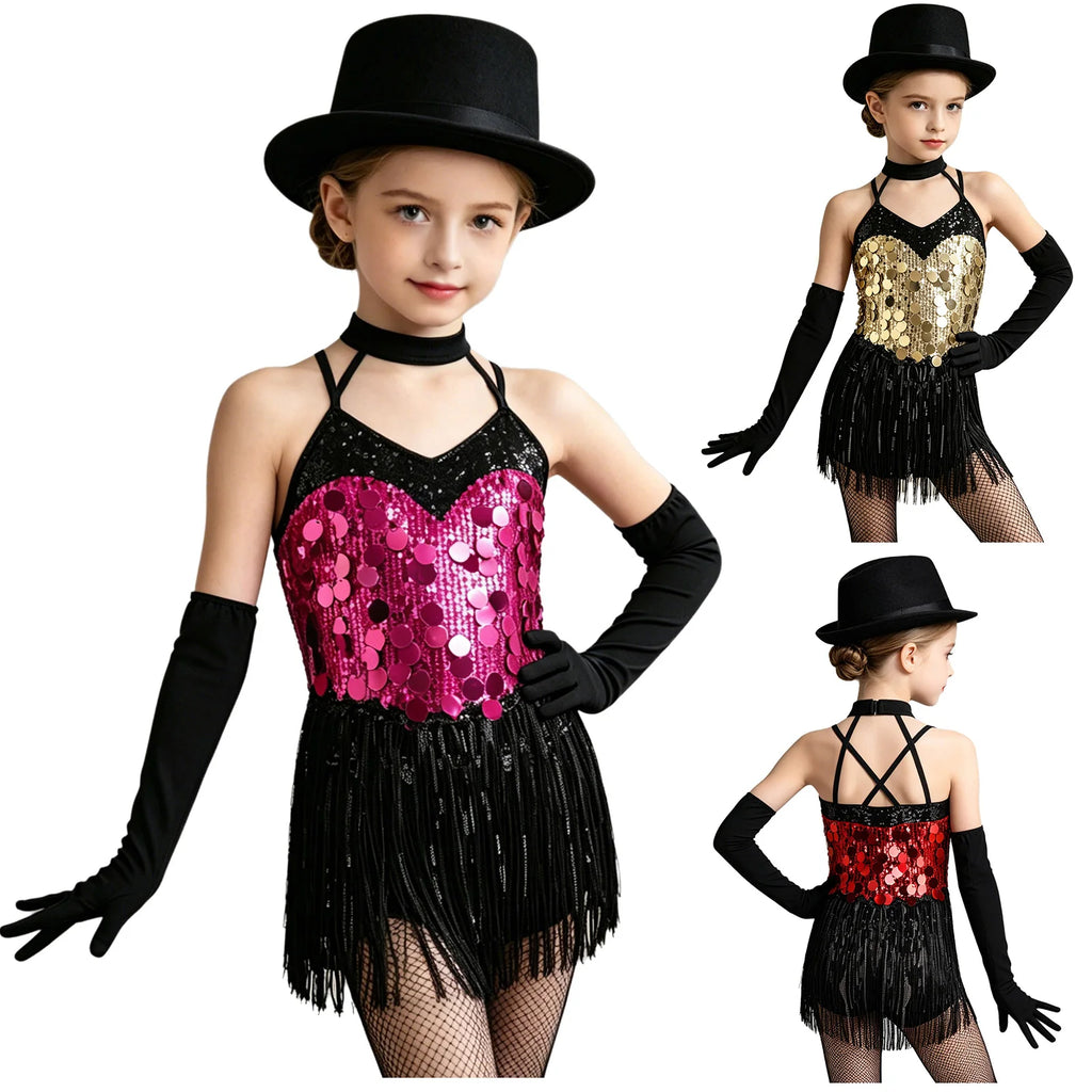 Kids Girls Latin Dance Dress Halter Sleeveless Shiny Sequins Fringed Leotard with Gloves Tango Samba Salsa Ballroom Dancewear