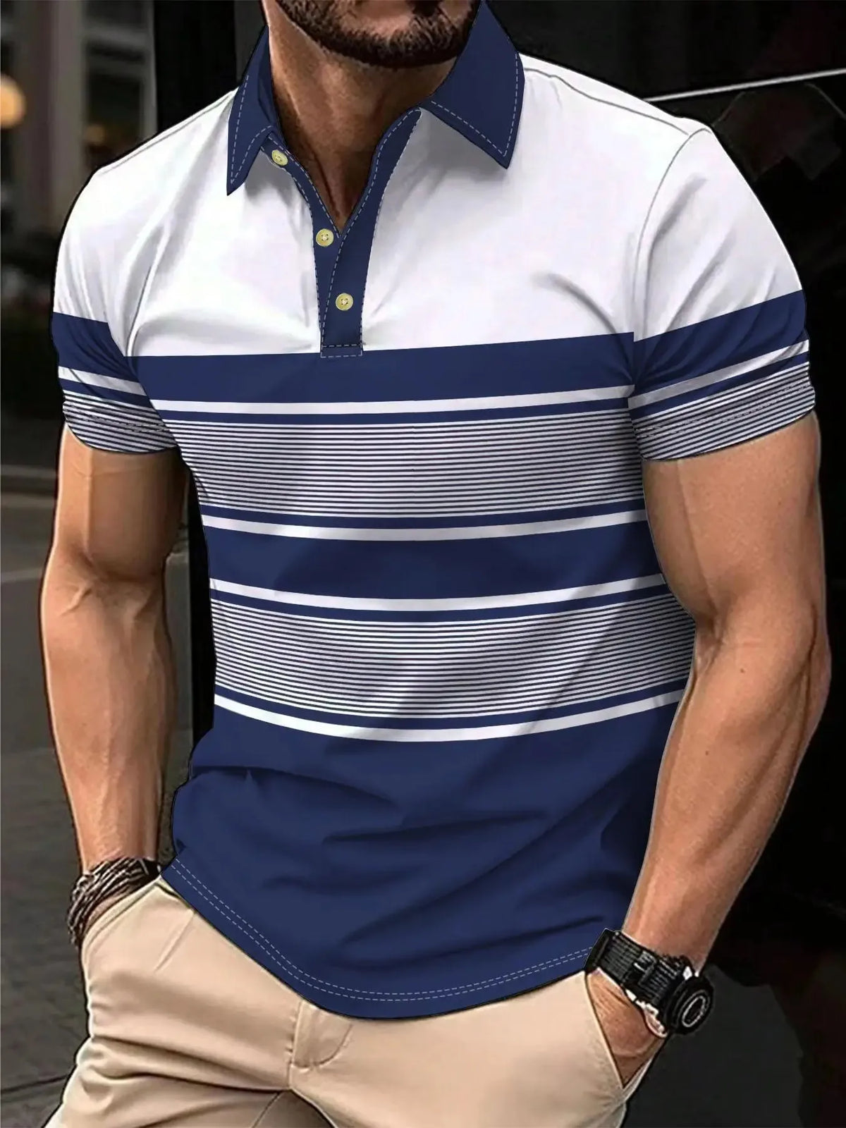 2026 Summer Men's Polo Shirt with Stripes Print Breathable Lightweight Casual Fashionable Outdoor Men's Clothing