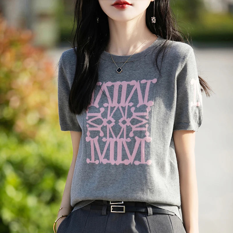 Women's T-shirt Summer New 100% Cotton Sweater Short Sleeve Knitted Embroidered Round Neck Women's Top Loose Fashion Pullover