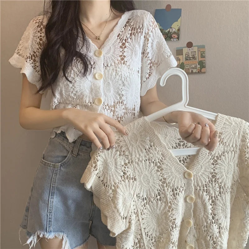 Women's ort Sve Open Cardigan Knitted Sweater Hollow out Thin Summer Korean Sle Versatile ort Cover up Base Top