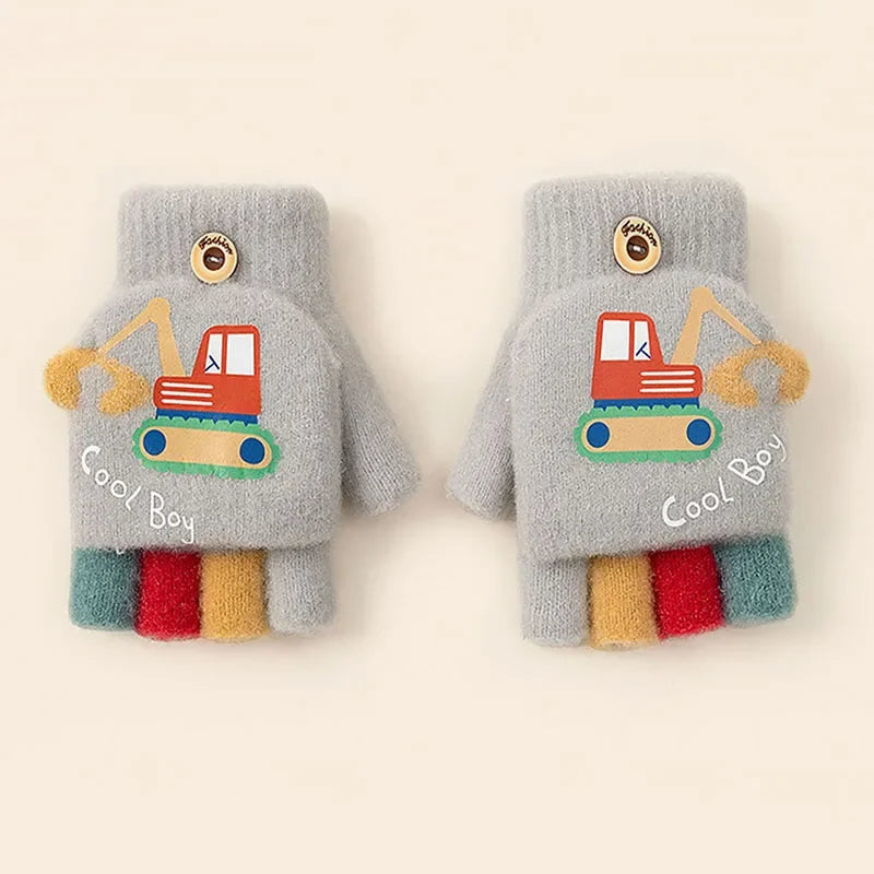 Kids Boys Girls Cartoon Excavator Half Finger Flip Cover Winter Thick Warm Gloves Toddler Outdoor Knitted Cold-Proof Mittens