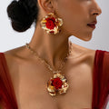 Women's Jewelry Set with Three-Dimensional Floral Fabric and Red Flower Centers, Exaggerated Jewelry Set Suitable for Daily Wear and Vacation
