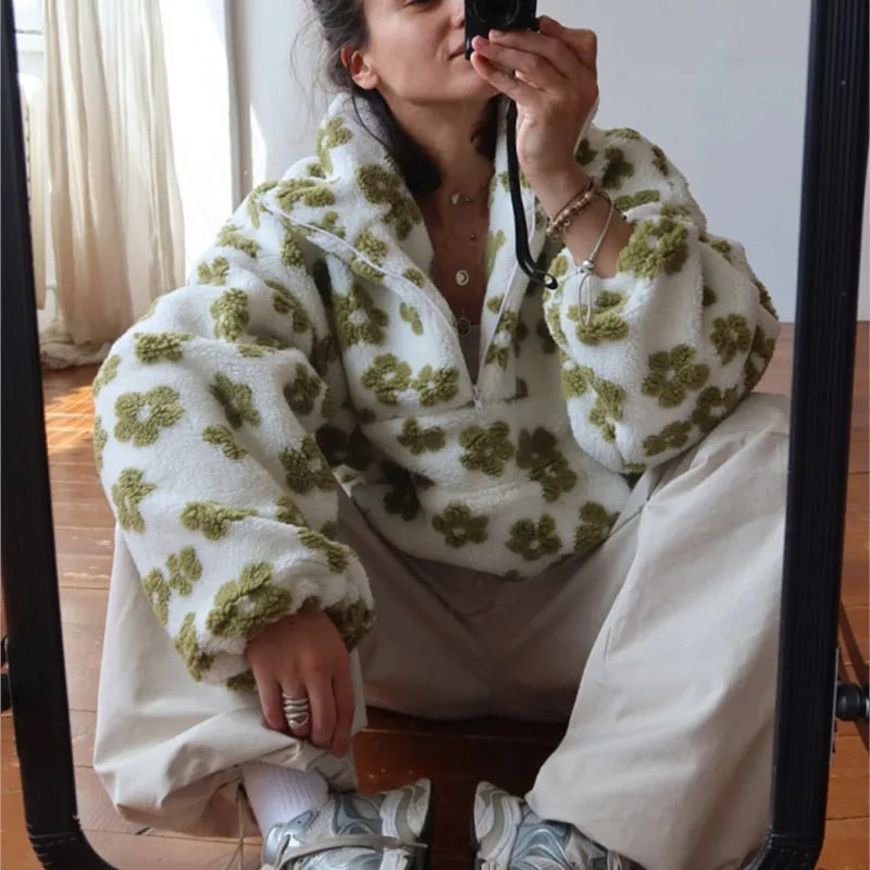 2025 Autumn/Winter New Fashionable Warm Plush Hoodie With Casual Flower Print Loose High Collar Loose Long Sleeve Fleece Hoodie