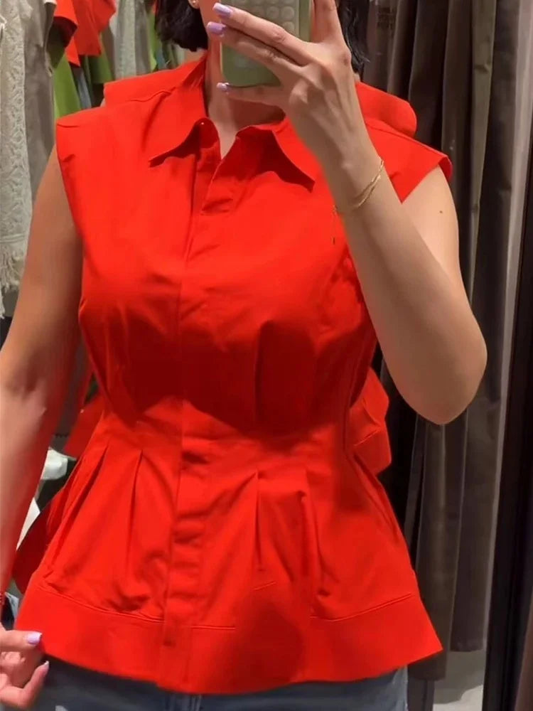 Women Casual Sleeveless Slim Shirts Summer Female Blouse Pleated Turn-Down Collar Single Breasted Blouses Chic Lady Elegant Tops