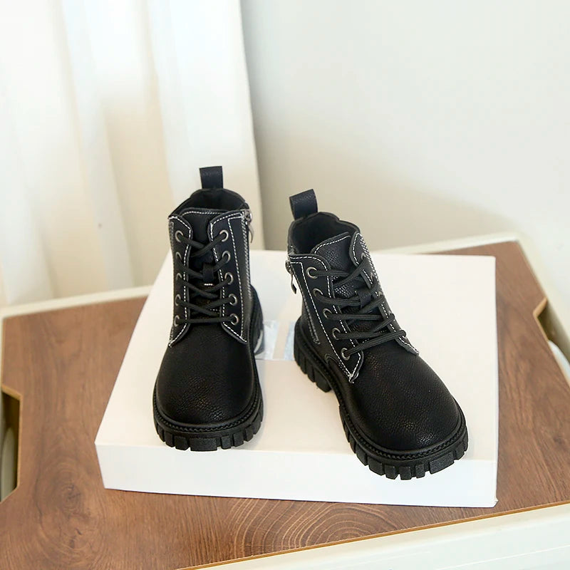 Children Ankle Boots Soild Color Retro Kids Short Boots Round Toes 2025 Autumn Winter New Boys Girls Leather Boots British Style