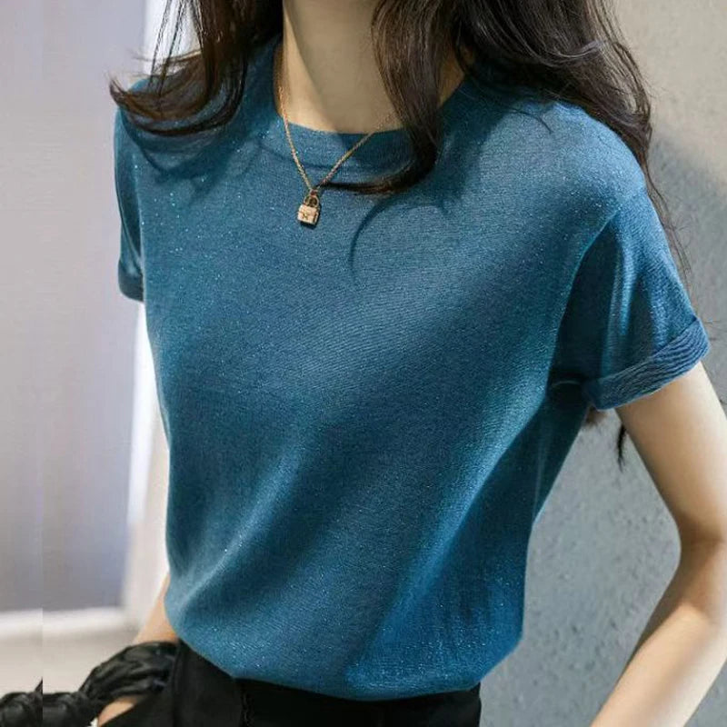 Commuter Joker Bright Silk Round Neck Ice Silk Short-Sleeved T-Shirt Women's Summer Thin Loose Slim Plus Size Vest Sweater