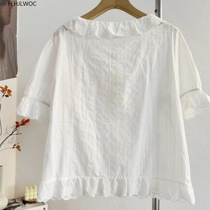 Cute Cotton Blends Tops Short New Design 2025 Woman Summer Short Sleeve Ruffles Casual Hollow Out White Lace Shirts