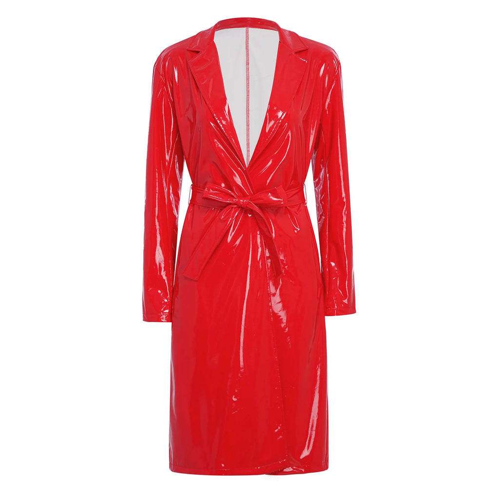 Women Wet Look PU Leather Long Trench Coat Blazer Lapel Open Front Long Sleeve Jacket Overcoat with Belt Streetwear Clubwear