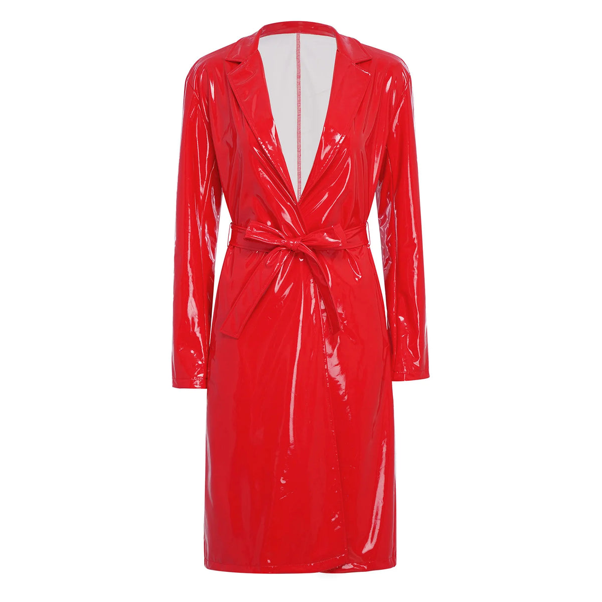 Women Wet Look PU Leather Long Trench Coat Blazer Lapel Open Front Long Sleeve Jacket Overcoat with Belt Streetwear Clubwear