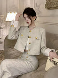 2025 Spring Autumn Women's Retro Casual Suit Jacket Wide Leg Pants Set Commuting Solid Round Neck Single Breasted Two-piece Sets
