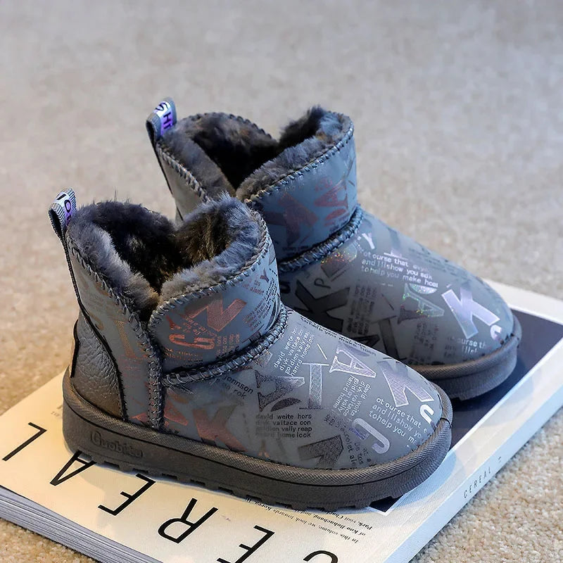 Children's Waterproof Non-slip Leather Boots Stylish and Shiny Kids Winter Fur Warm Shoes Girls' Plush and Thickened Snow Boots