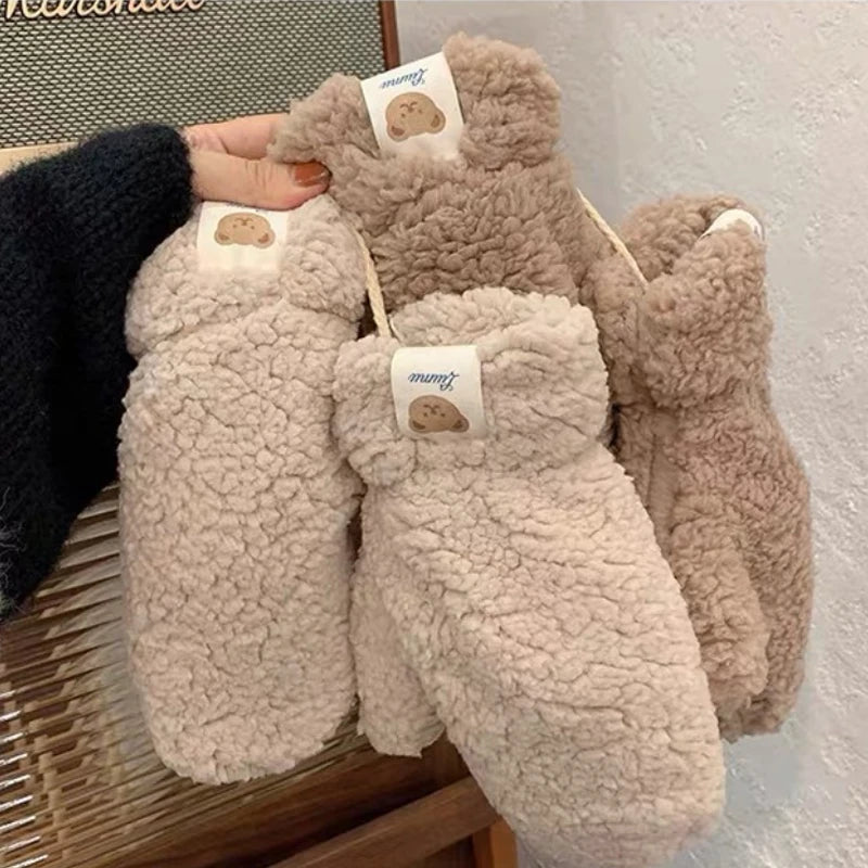 Women's Gloves Korean Kawaii Cute Sweet Preppy Style Funny Verstaile Thicked Funny Plush Warm Windproof Mittens For Girl Gift