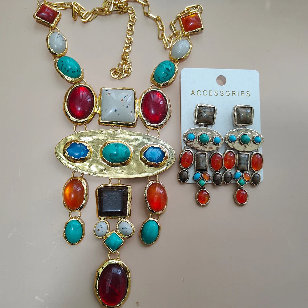 Women's Fashion Jewelry Gold Color Metal Colorful Gem Stone Beaded Chunky Pendant Drop Earrings and Long Large Bib Necklace Set