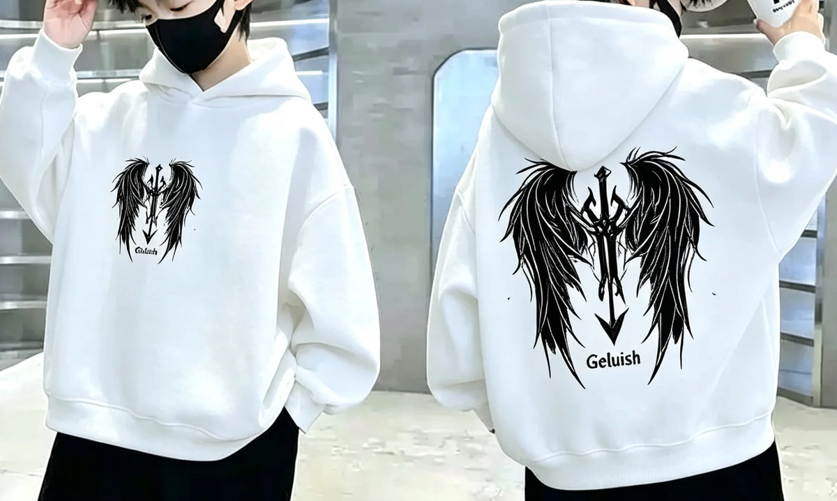 Boys Hoodie Streetwear Angel Wings Trident Print Kids Loose Hooded Sweatshirt Casual Teen Pullover