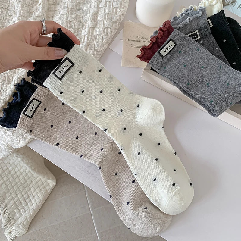 Socks For Women New Dots Cute Frilly Casual Fashion Long Socks Breathable Preppy Style Ladies Novelties Socks Cotton Soft Comfy