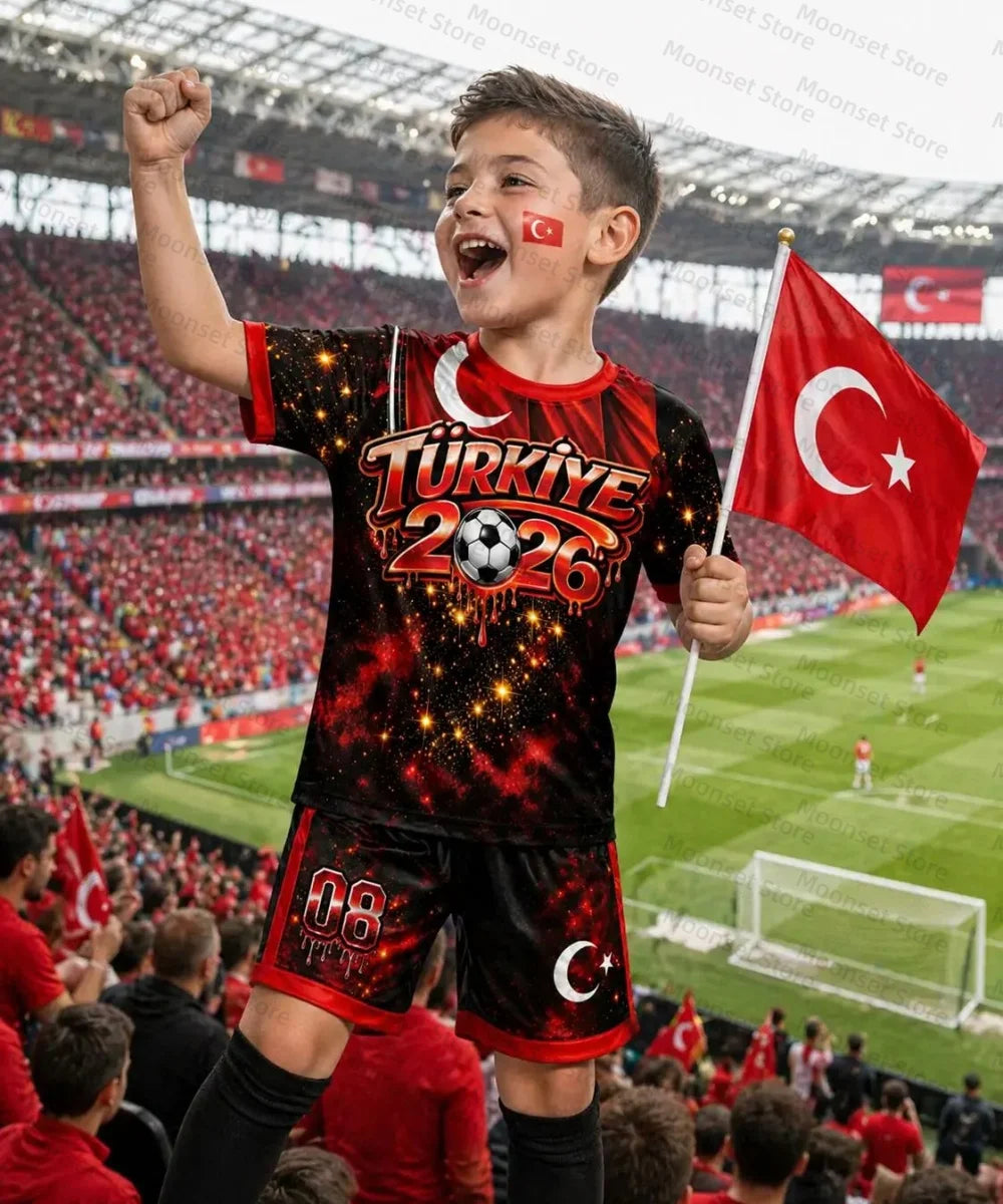 Kids Turkey Soccer Shirt Jersey Set 2026 Boys Football Outfit Türkiye Soccer Short Kit Turkey Flag Sportswear Kids Soccer Set