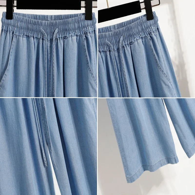 Women's Summer Slim Straight Leg Jeans Wide Leg Ice Silk Casual High Waist Trousers Cotton Polyester Blend No Ironing Needed
