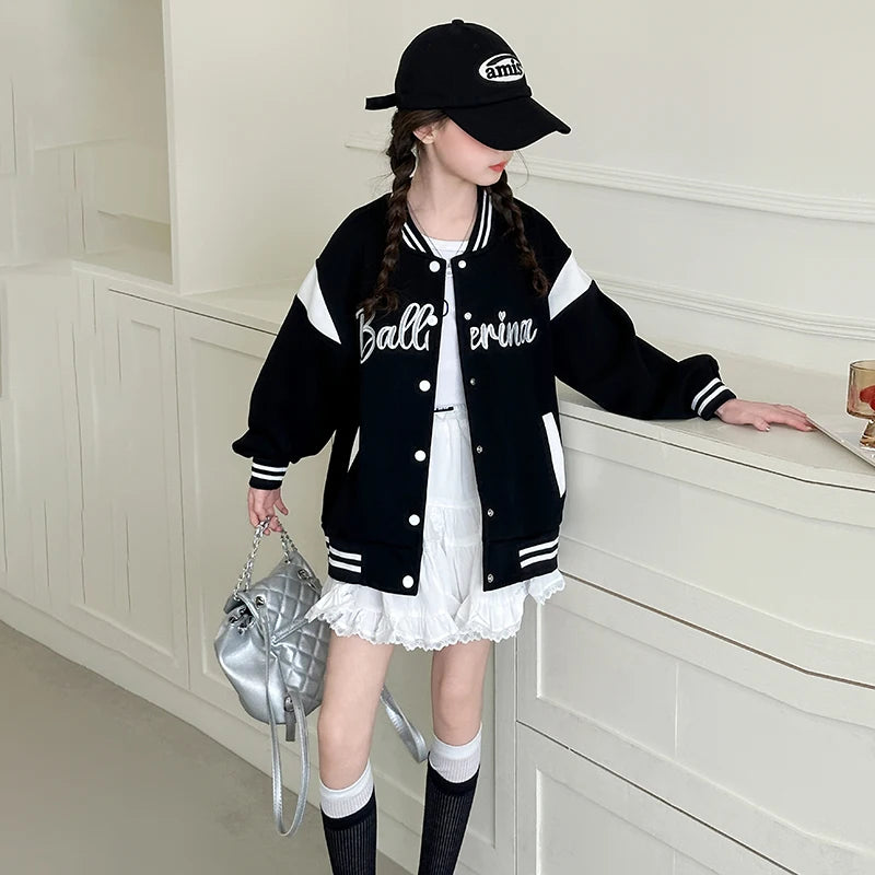 Children's Jackets 2025 Spring Girls Black Baseball Coat New Kids Letters Sports Cardigan Autumn Fashion Outerwear Clothing