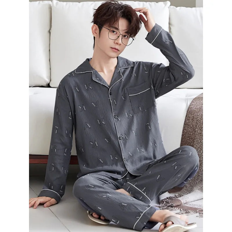 Men's Pajama Set for Spring & Autumn, Simple All-Match Long Sleeve & Long Pants Loungewear, Fashion Handsome Daily Homewear