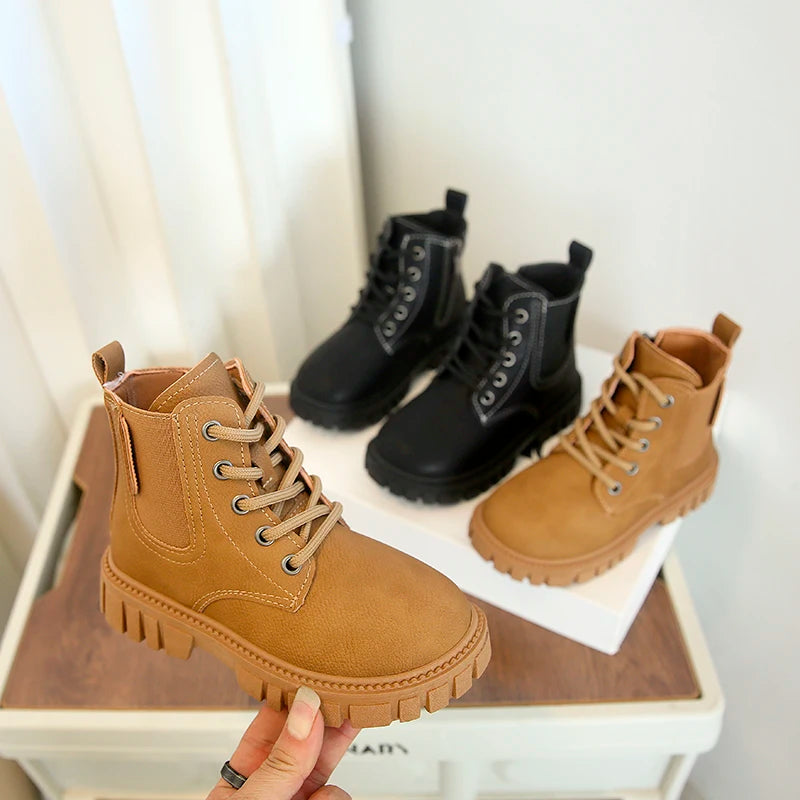 Children Ankle Boots Soild Color Retro Kids Short Boots Round Toes 2025 Autumn Winter New Boys Girls Leather Boots British Style