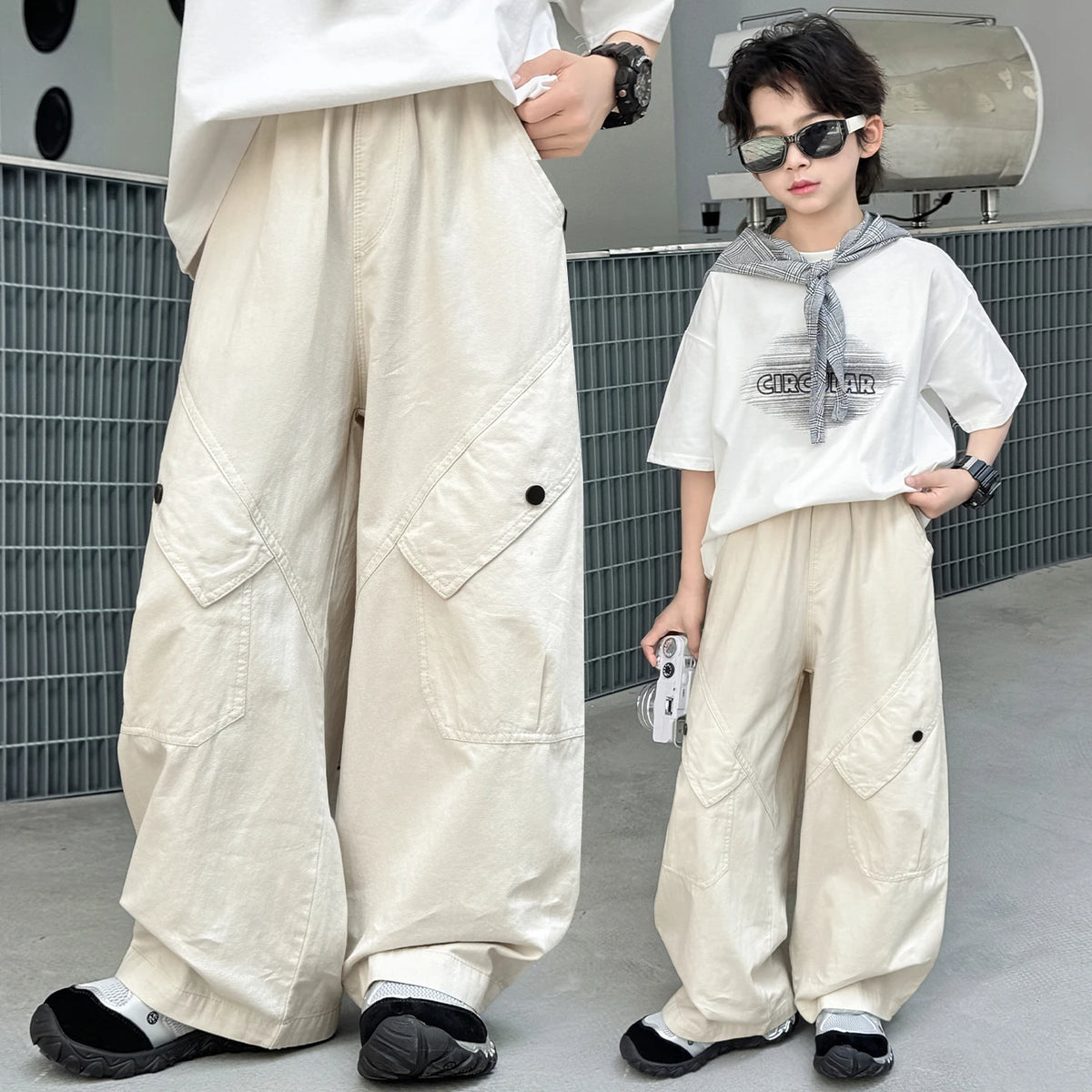Kids Pants & Summer New Korean Solid Color Loose Cargo Pants for Boys Hip Hop Baby Cotton Wide-leg Pants Ages 3 5 6 7 8 9 12 14Y