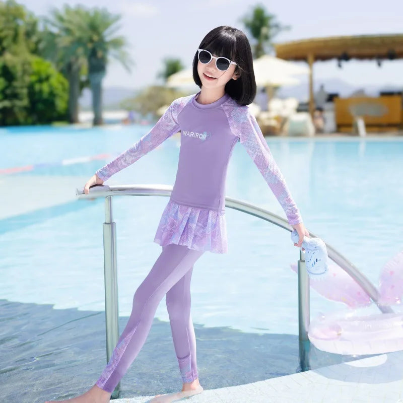 New Girls Fashion Swimsuit Sets Kids Long Sleeve Letter Top + Pants + Skirt 3Pcs for Kids 5-12 Years Split Swimming Clothes