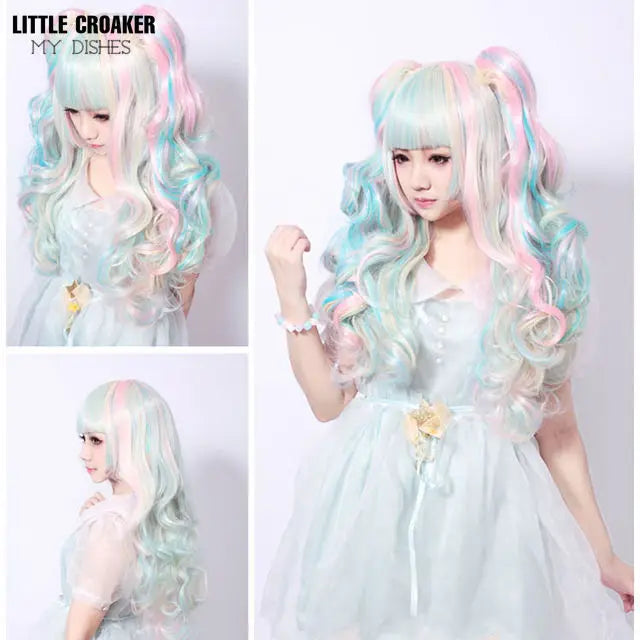Long Wavy Anime Cosplay Lolita Wig Blue Blonde Pink Ombre Two Ponytails Girls Kawaii Anime Accessories Wigs for Women