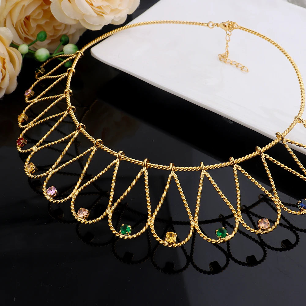 Fashion High Quality Gold Plated Women Jewelry Set Simple Lines Earrings Ring Colored Zircon Necklace Bangle For Wedding Party