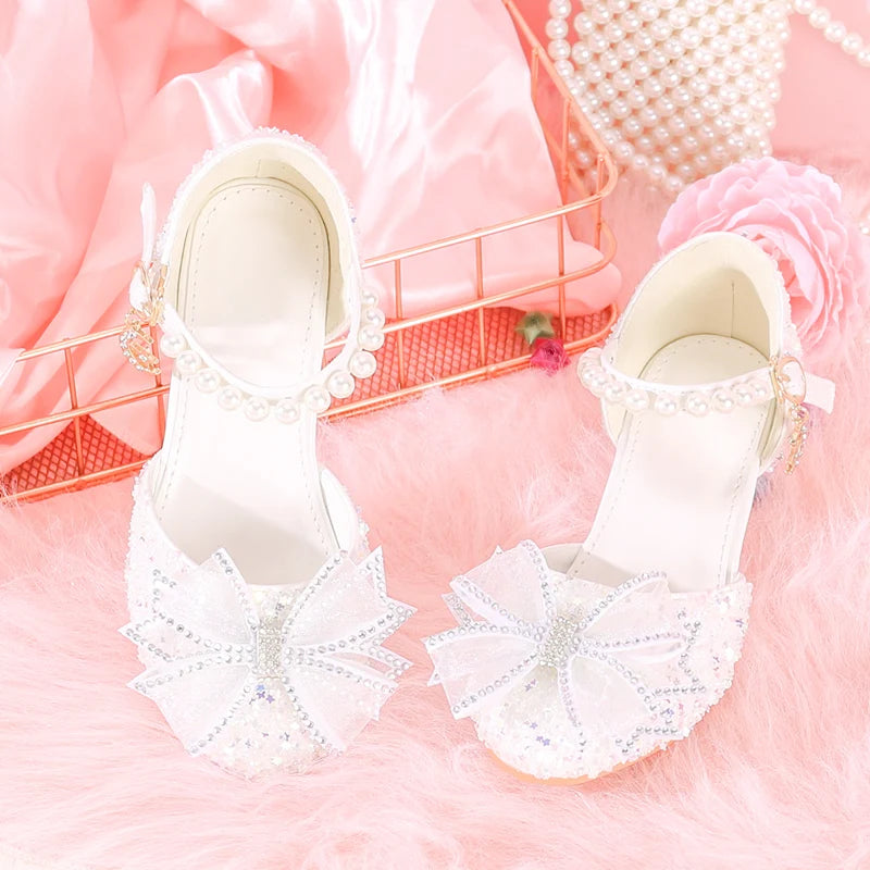 Children's high heels female crystal shoes princess little girl catwalk white with dress show host shoes girl