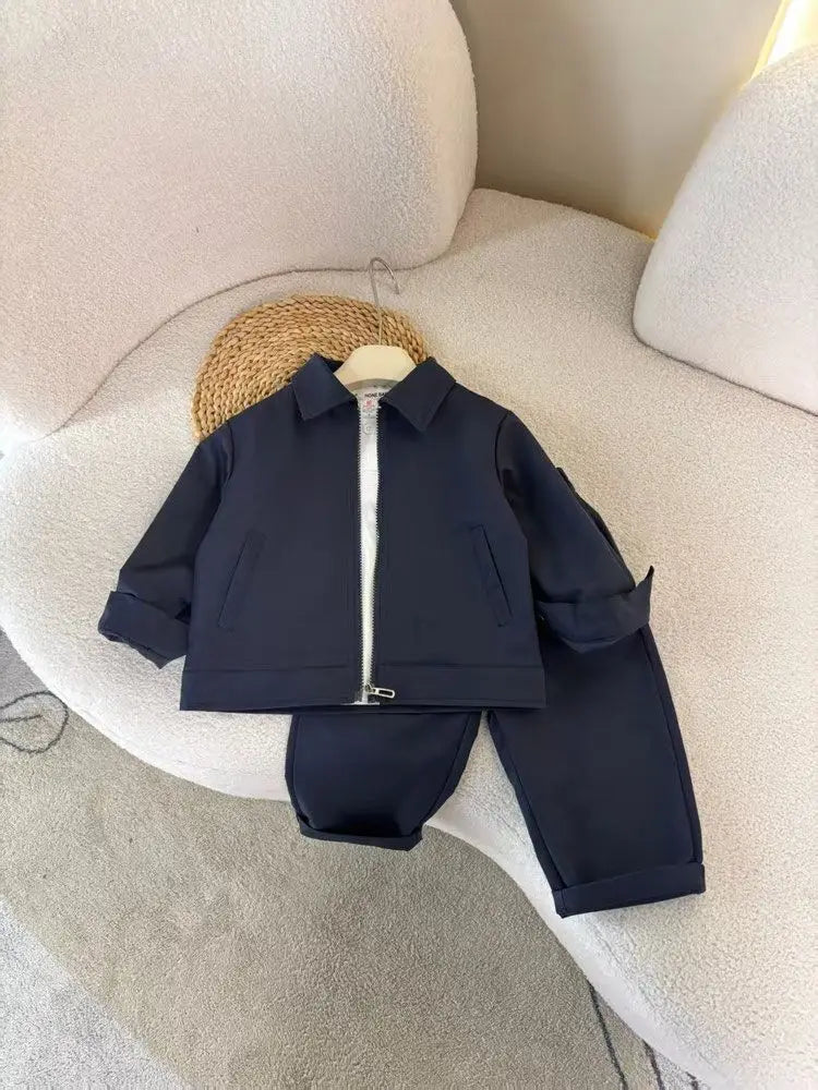 Children's Jacket Set Spring and Autumn Boys' and Baby's Casual Breathable Collar Coat+Pants 2-piece Set