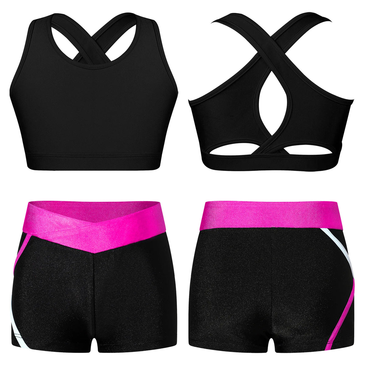 Kids Girls Summer Sports Set Sleeveless Cross Rear Crop Top with Low Rise Shorts Gymnastics Yoga Fitness Cycling Dance Outfits