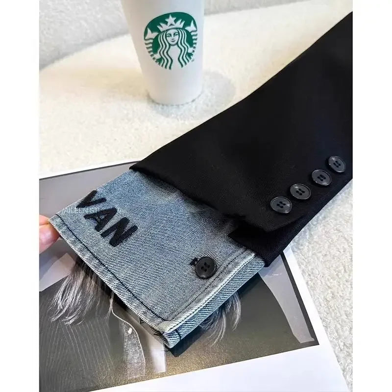 Korean Fashion Clothing High end Black Suit Jacket for Women Autumn American Casual Loose Splicing Commuter Blazers Women Top