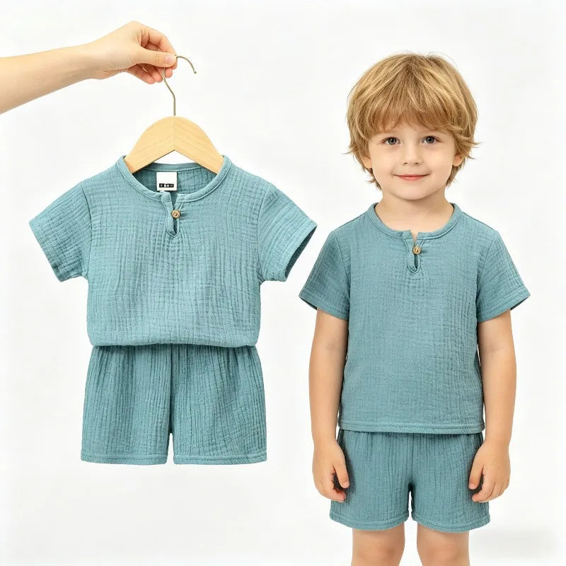 0-5Y Boys Girls Clothing Sets Summer Solid Cotton Linen T-shirts+Elasctic Shorts Kids Clothes Casual Clothing Sets for Children