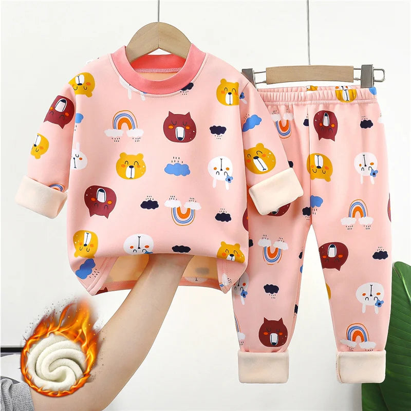 Kids Warm Pajama Sets Autumn Winter Plus Velvets Clothing Suits Boys Girls Fashion Print Pullover+Pants 2Pcs Outfits 1-14 Years