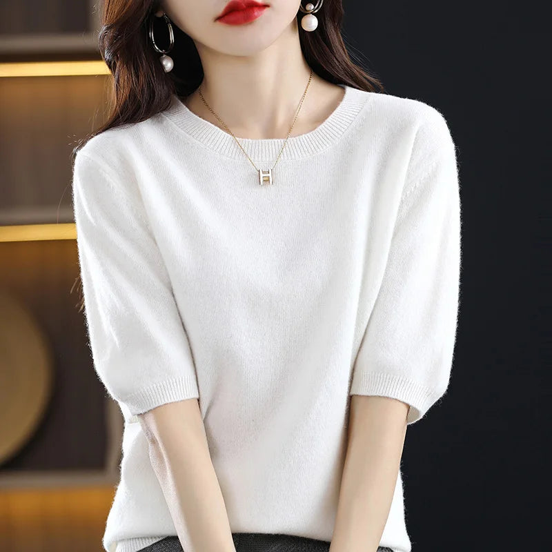 2025 New Spring Summer Women Sweater Short Sleeve O-Neck Pullover 100% Merino Wool Pure Color Knitted Jumper Female Clothing