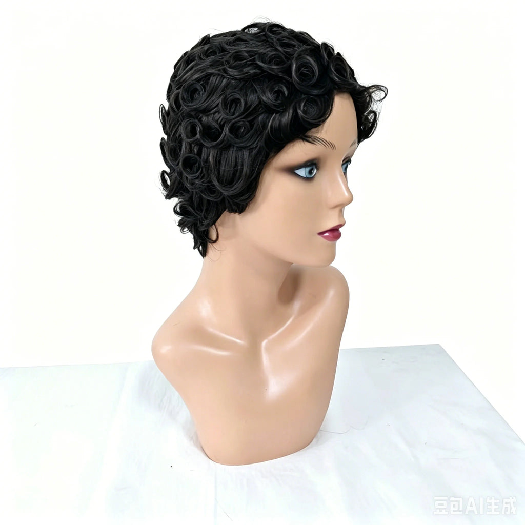 Women's Human Hair Pixie Cut Wig Full Machine Made - Short Layered Curly with Bangs, Natural Black 250% Density