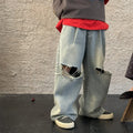 Children Pants 2025 Spring Boys Korean Ripped Denim Straight Leg Pants Children Casual Loose Wide Leg Pants