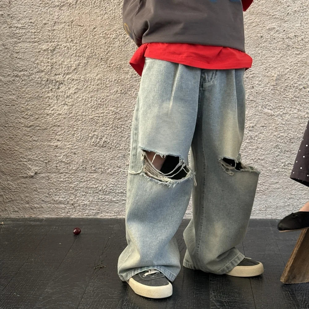 Children Pants 2025 Spring Boys Korean Ripped Denim Straight Leg Pants Children Casual Loose Wide Leg Pants