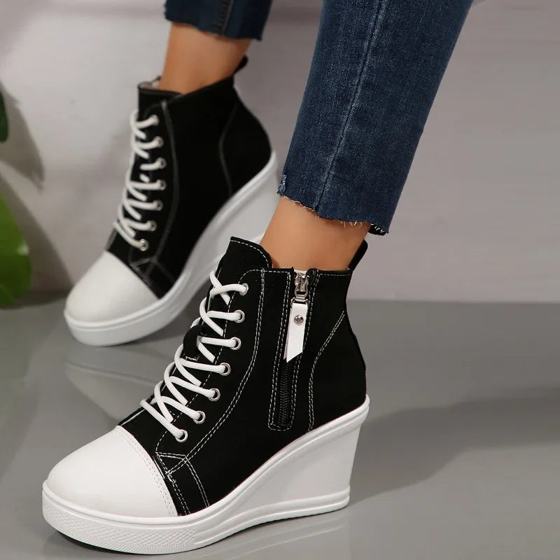 women's sneakers new invisible wedge heels zip lace up classic canvas shoe Platform fashion lightweight high top shoes for women