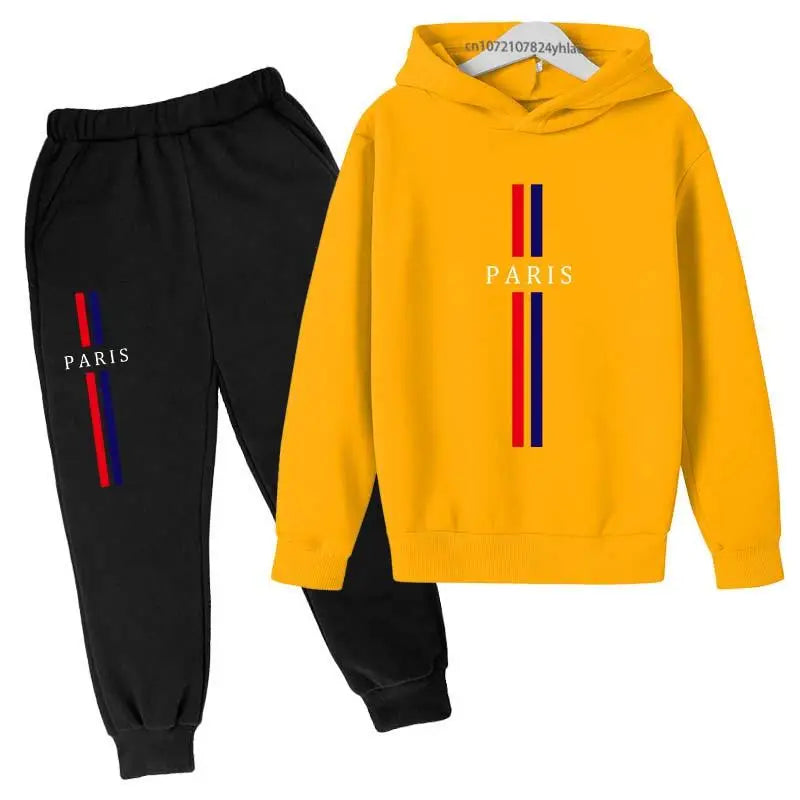 Kids Autumn Spring Casual Paris Print 2pcs Hoodie+Pants Tracksuits 2-13Years Boys Girls Fashion Streetwear Children Clothes Sets