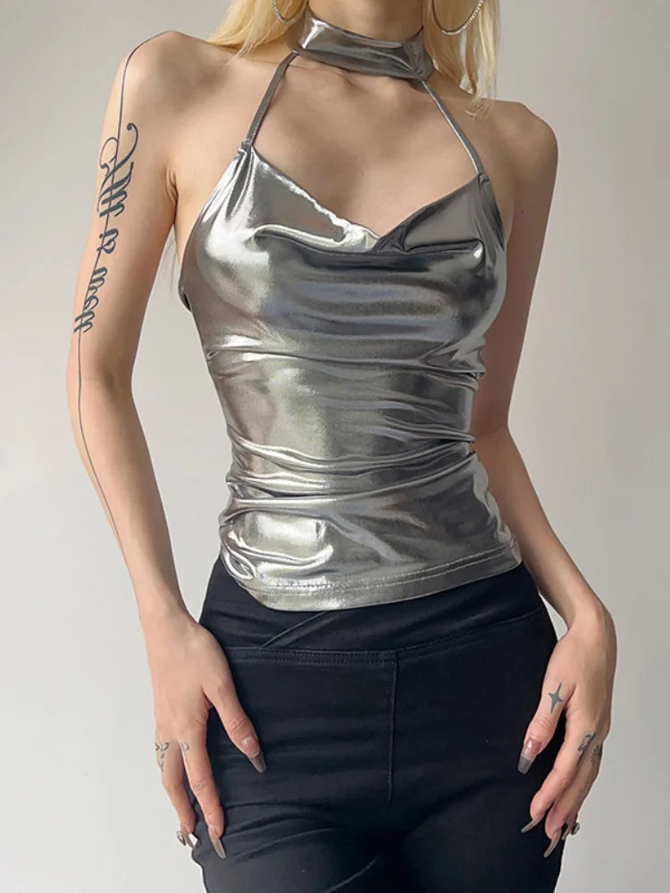 Silver Hanging Neck Summer Crop Tops For Women Clothing Backless Y2k Accessories Sleeveless Ropa De Mujer Slim Sexy Streetwear