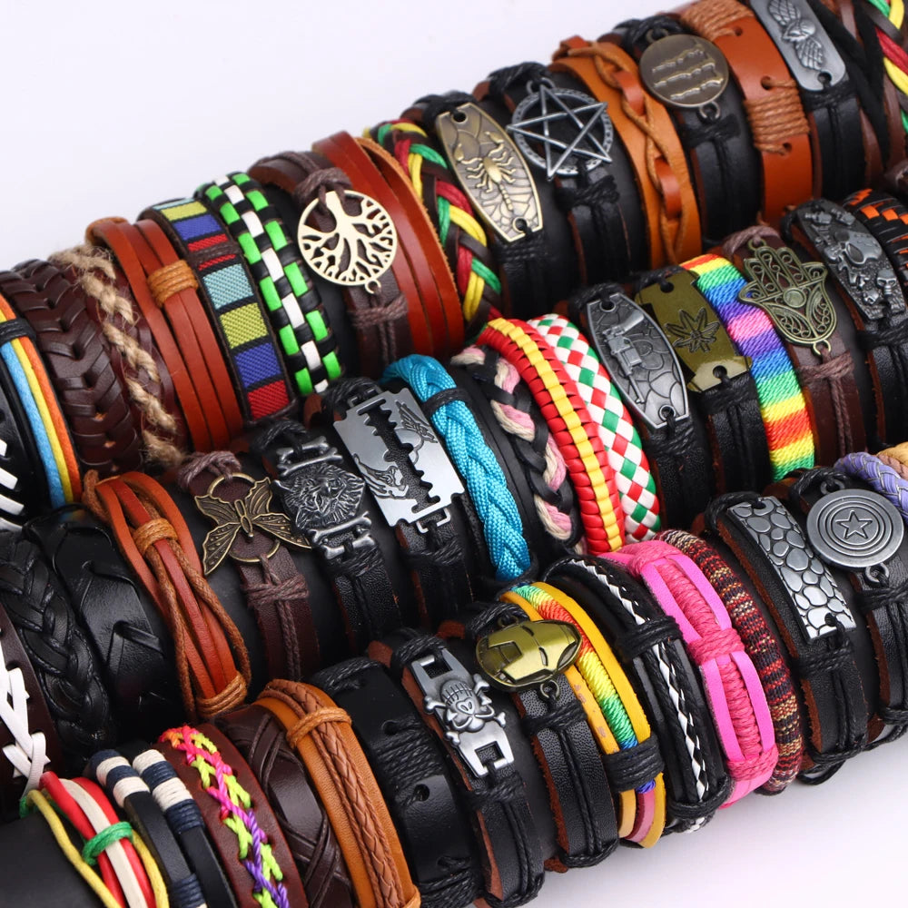 10/20/30/50/100Pcs/Lot Fashion Hand Woven Adjustable Leather Bracelets For Men Retro Style Jewelry Accessories Gifts Wholesale