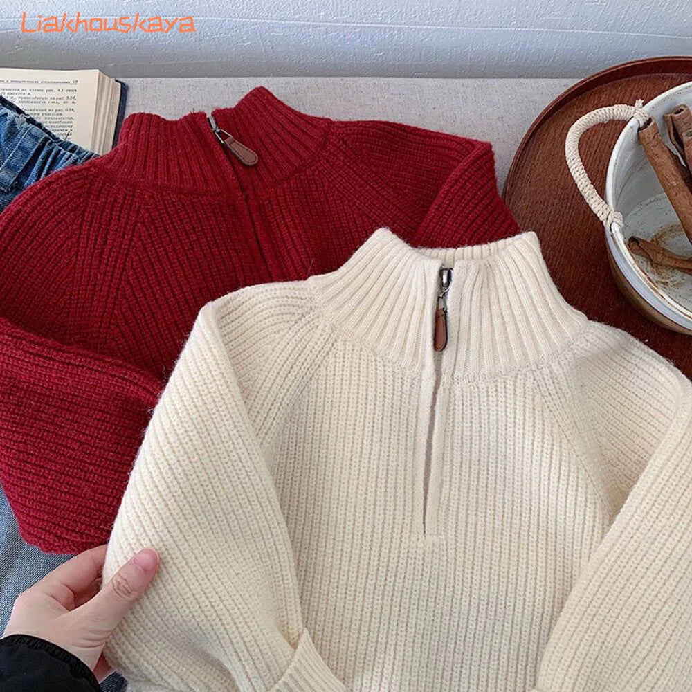 Korean Style Kids Sweater 2026 New Half Turtleneck Zipper Design Loose Knitwear For Boys Girls Autumn Winter Outerwear Warm