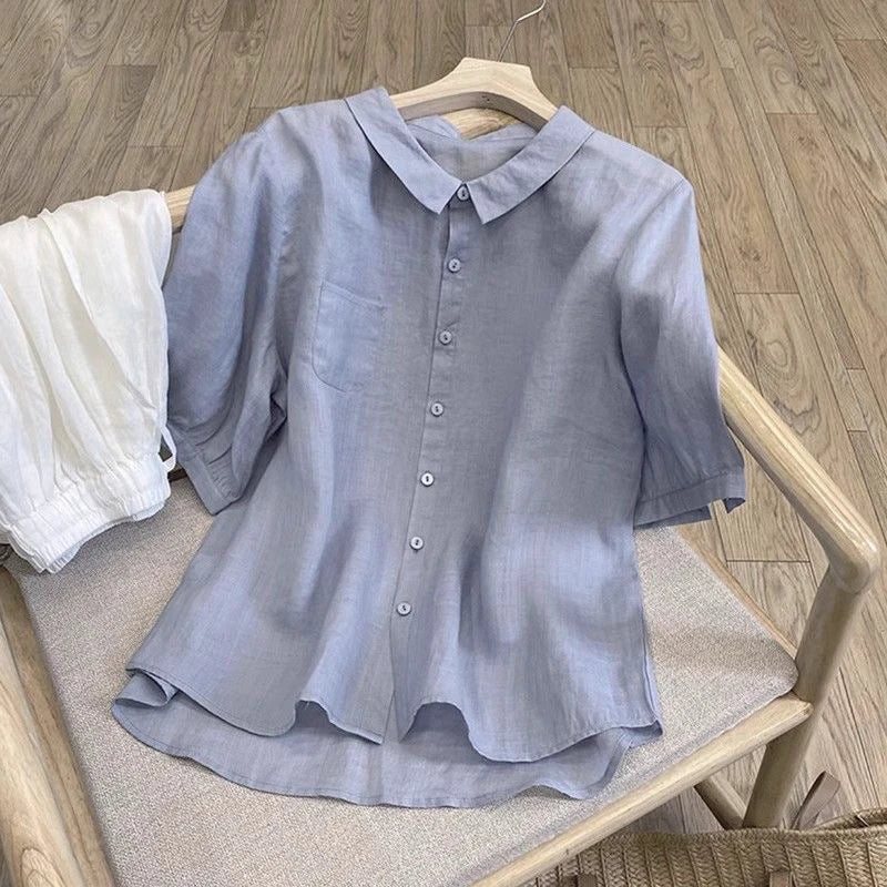 Large Size Summer Cotton Linen Set for Mom Casual Faionable Belly Covering Two Piece Suit ort Sve  Collar Button up