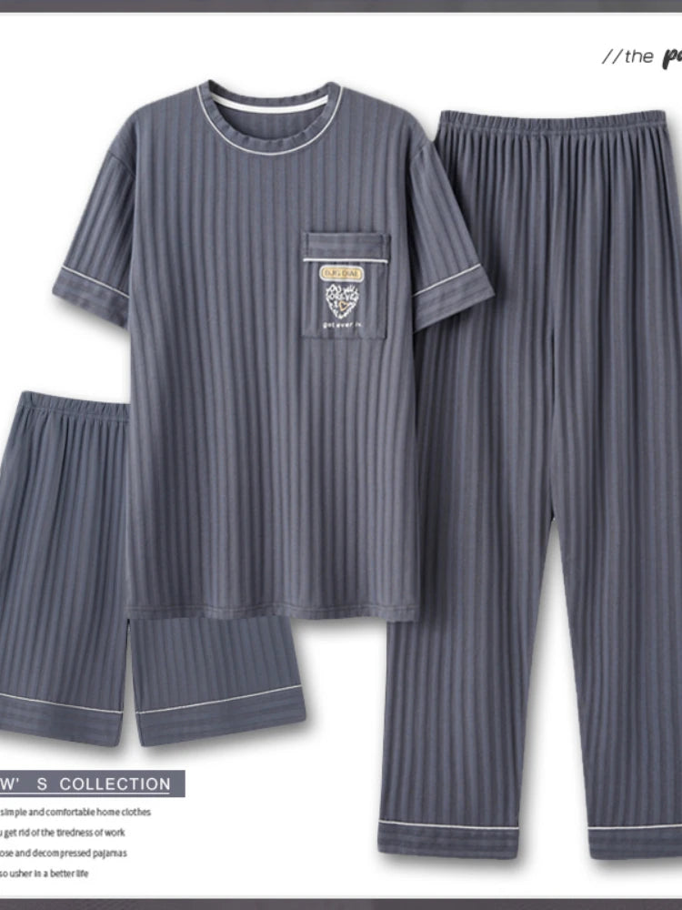 Men's Fashion Summer 3-Piece Pajamas Set Short Sleeve round Collar Cotton Homewear plus Size 5XL Shorts Loungewear Pijamas