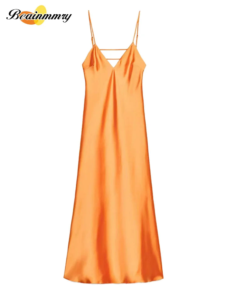 Elegant Satin Pink Women's Long Dresses Fashion Sleeveless Backless Slim Fit Hem Midi Dress Summer Female Holiday Robes 2026