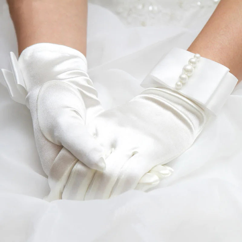 Women Girl White Prom Pageant Wrist Brides Satin Short Bow Gloves Bead Party Communion Wedding Evening Halloween Costume Cosplay