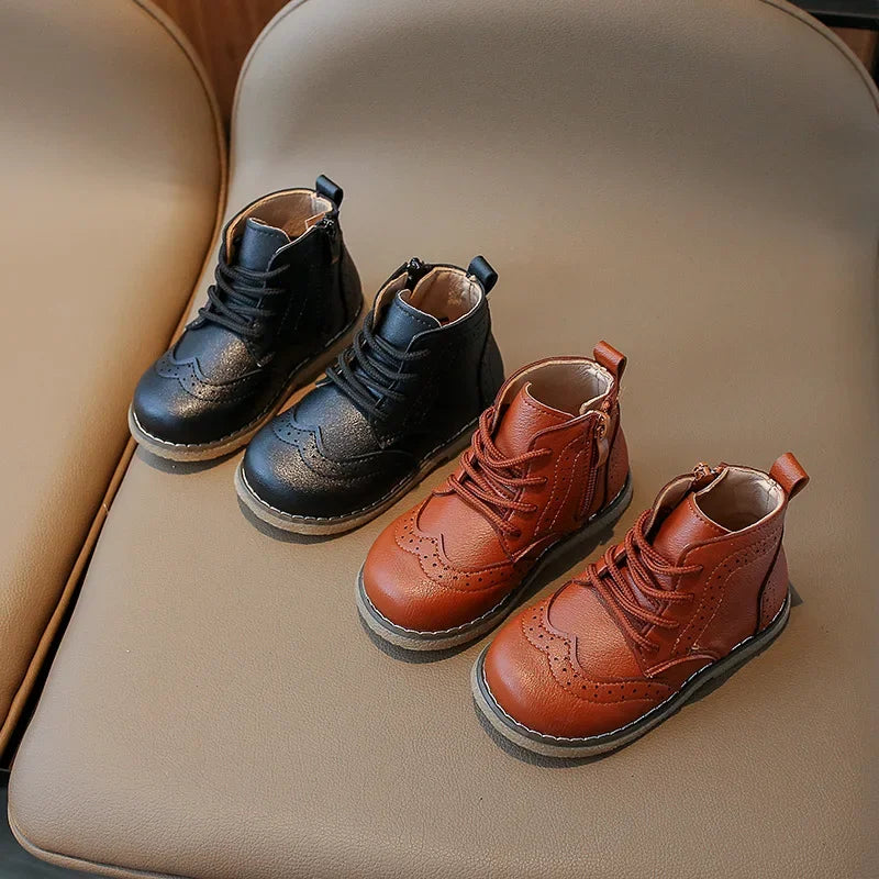 Children Boots 2025 Autumn Kids Soft PU Leather Boots Brogue Style Lace-up Side Zip 1-6 Years Girls Boys Ankle Boots Brown,Black