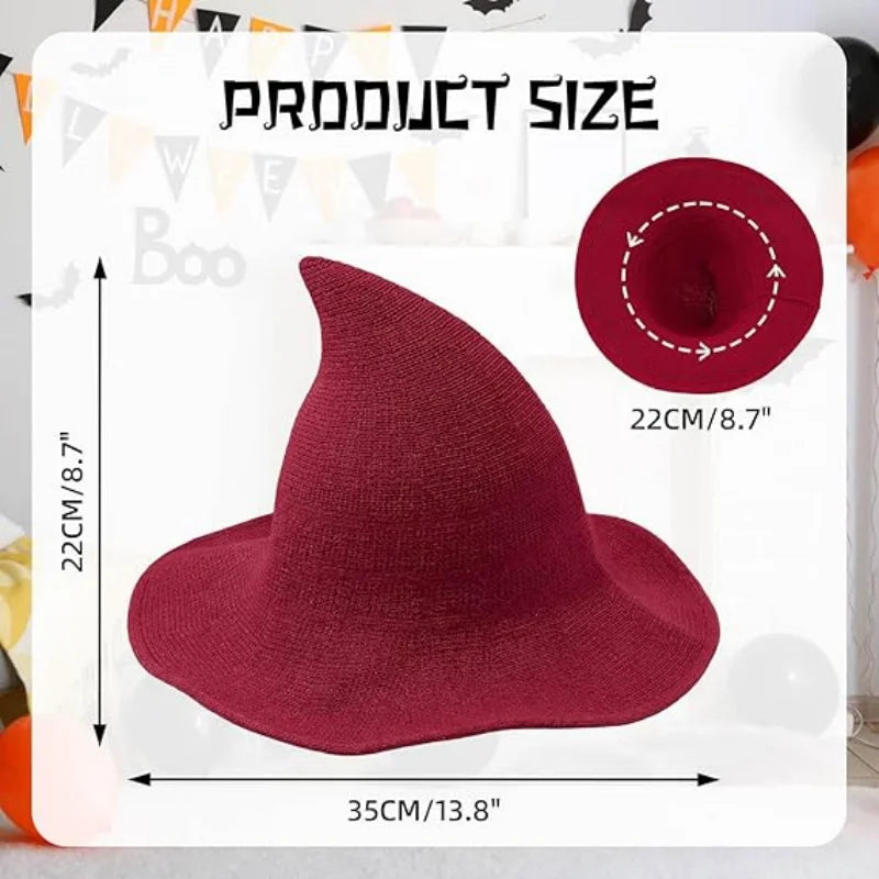 Women Witch Hat for Halloween Wool Hats Wide Brim Spire Knitted Cap Party and Daily